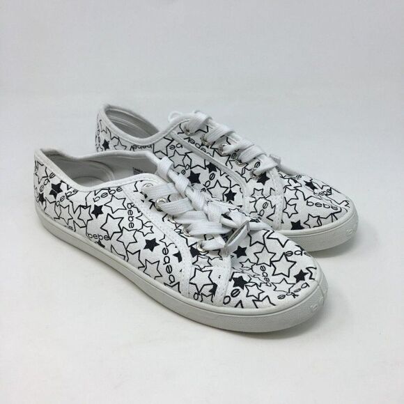Bebe Women's Sneakers White Black Size 9 Daney Canvas Stars Logo Print Lace Up - Picture 1 of 8